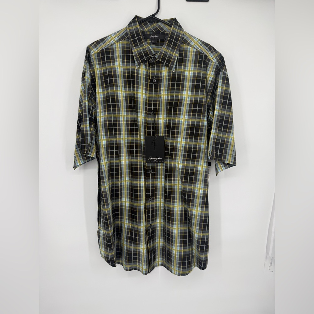 Sean John Black and Yellow Plaid Button Down Shirt